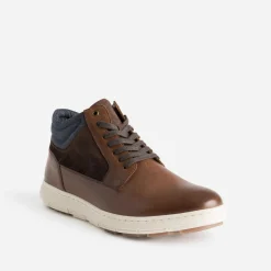 Eram Baskets/Tennis^Basket cognac en cuir et textile marine CAMEL