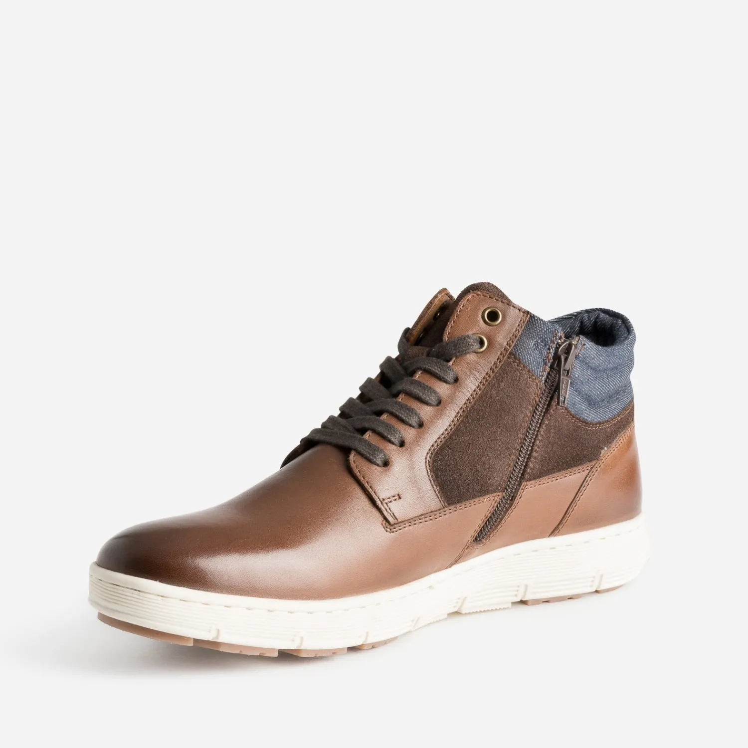 Eram Baskets/Tennis^Basket cognac en cuir et textile marine CAMEL