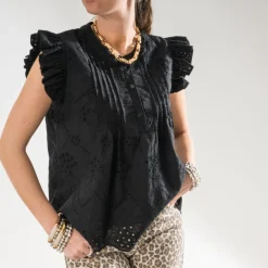 Texto T-Shirts^Blouse e broderies anglaises NOIR