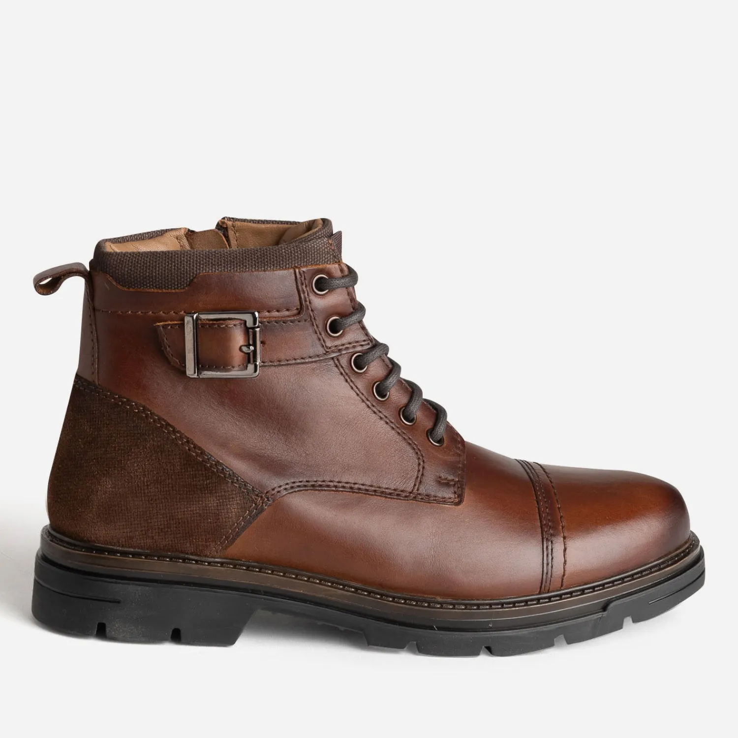 Eram Boots^Boots à lacet marron cuir décor bride COGNAC