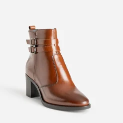Eram Boots^Boots à talon en cuir avec double bride COGNAC