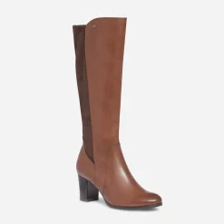 Caprice Bottes^Botte à talon en cuir et textile COGNAC