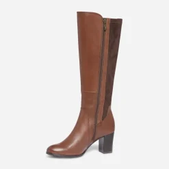 Caprice Bottes^Botte à talon en cuir et textile COGNAC