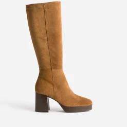 Eram Bottes^Botte cognac en cuir à plateforme pour mollets fins TAUPE