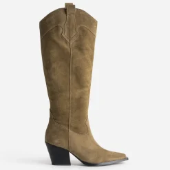 Texto Bottes^Botte santiag beige cuir velours TAUPE