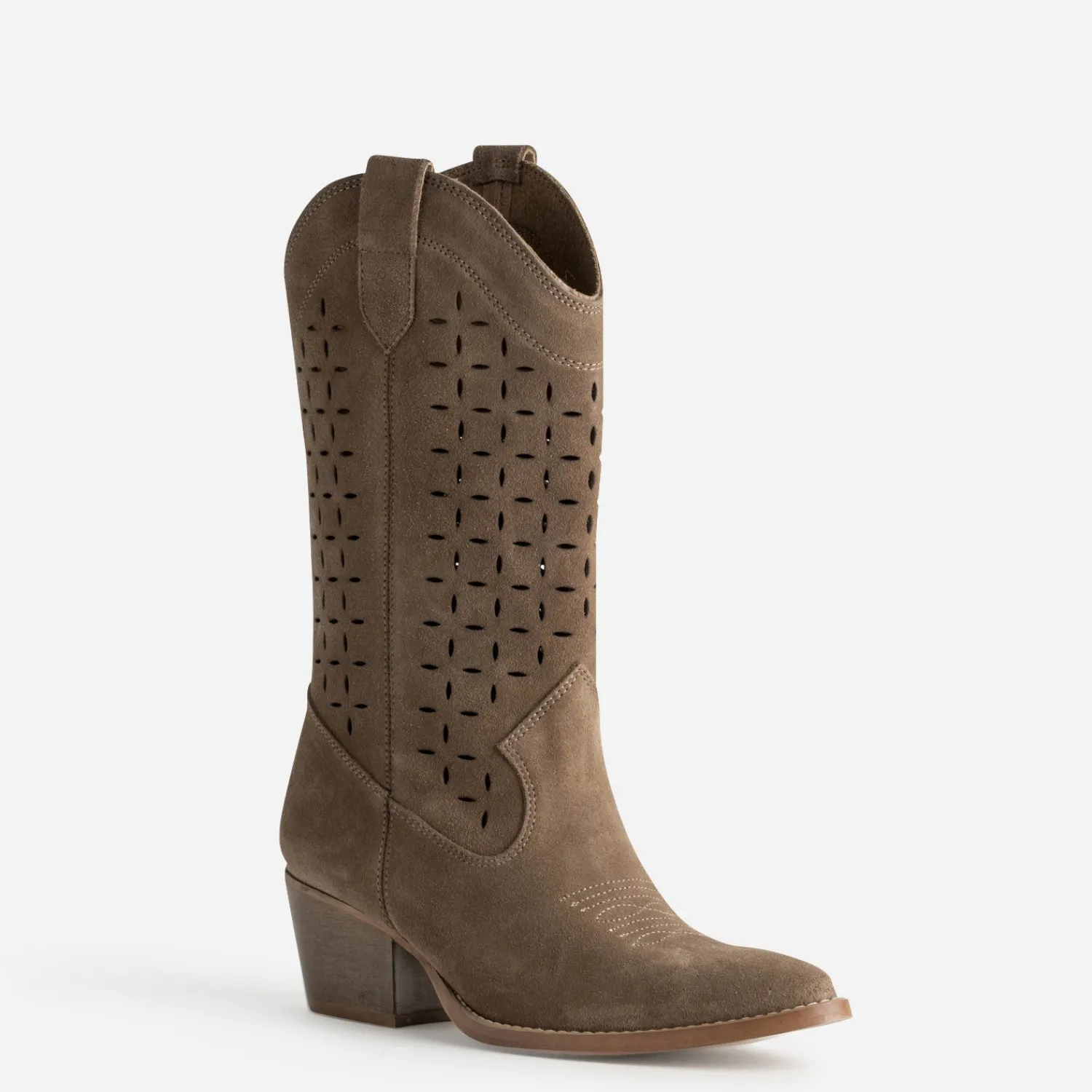 Texto Bottes^Botte santiag cuir velours ajouré TAUPE