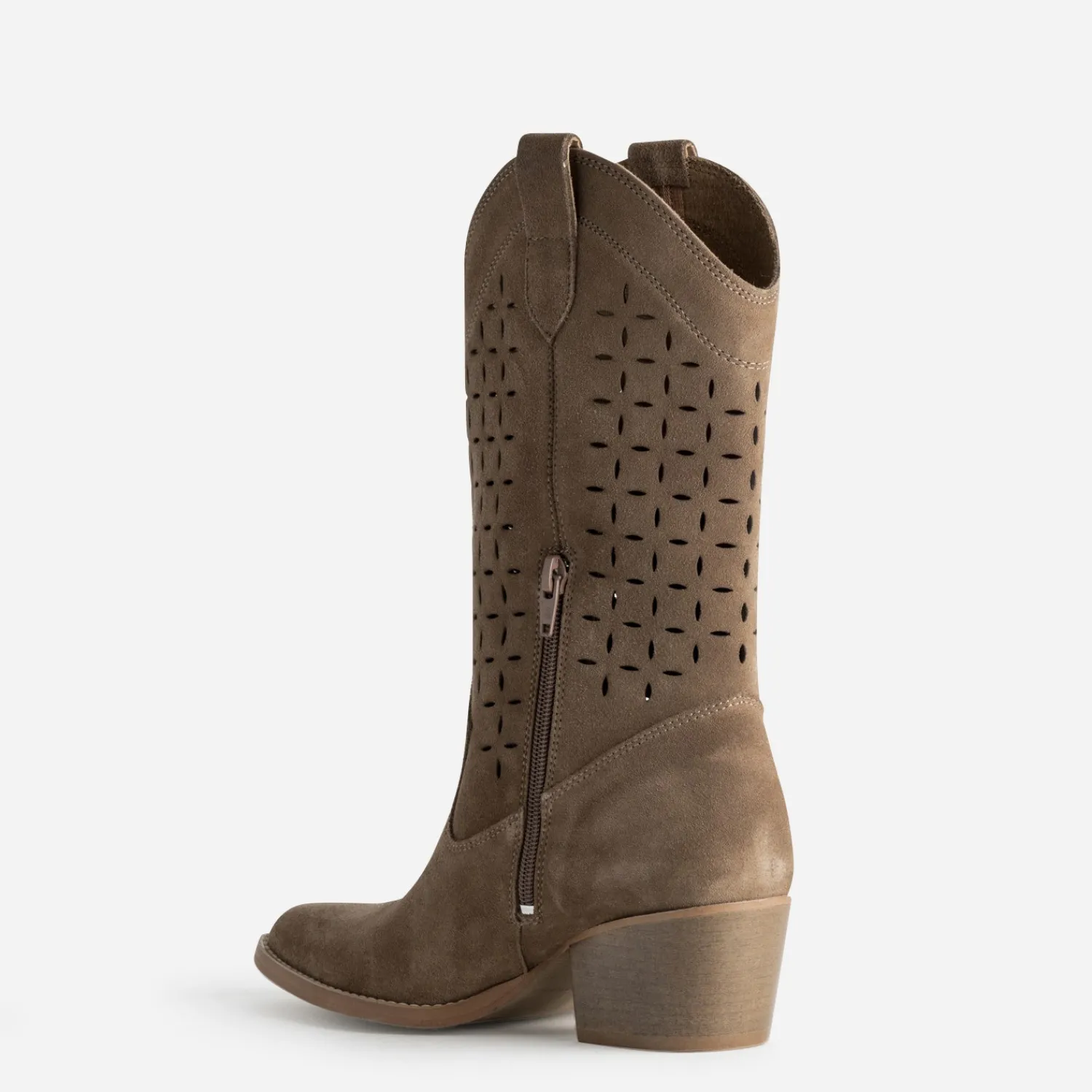 Texto Bottes^Botte santiag cuir velours ajouré TAUPE