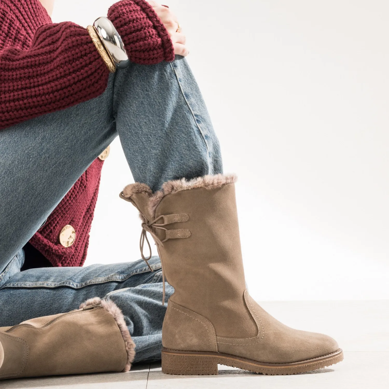 Eram Bottes^Botte taupe cuir velours fourré GRIS
