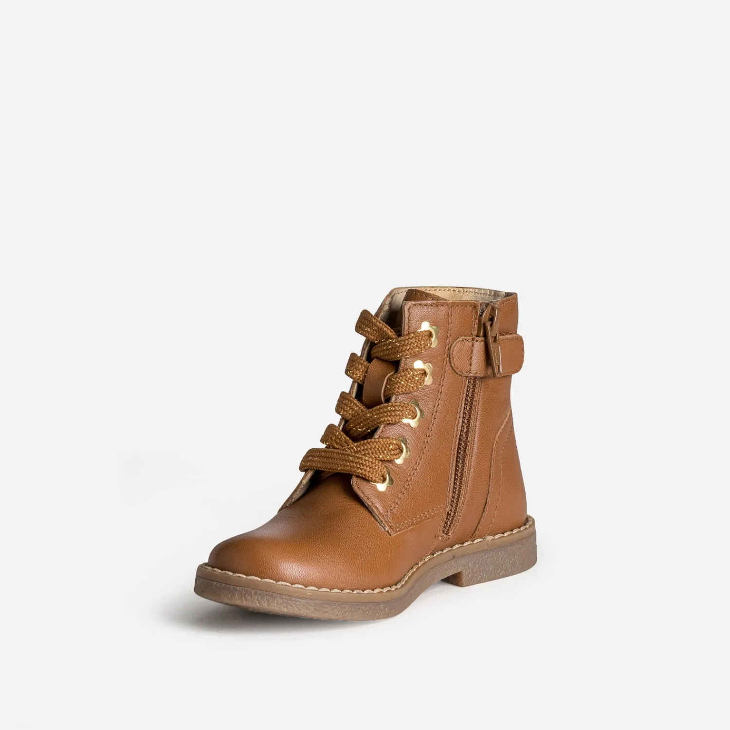 Buggy Boots^Bottine cuir œillets-fleurs CAMEL