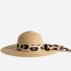 Eram Chapeaux, Bonnets & Casquettes^Capeline beige paille papier foulard motif léopard BEIGE FONCE