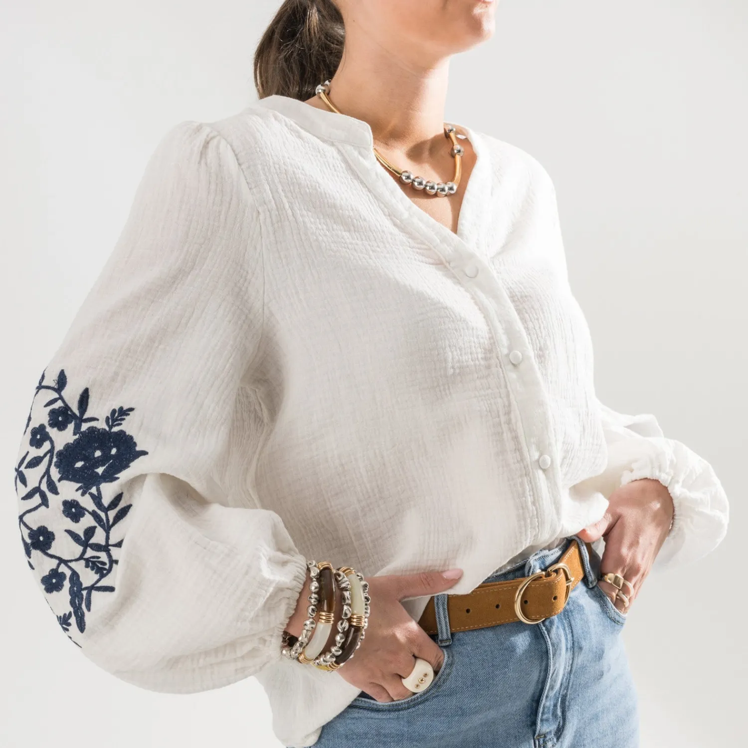 Texto Chemises & Blouses^Chemise écrue broderies marine BLANC