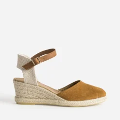 Eram Sandales^Espadrille compensée cuir velours éco-conçu CAMEL