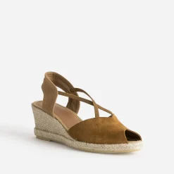 Eram Sandales^Espadrille compensée cuir velours éco-conçu CAMEL