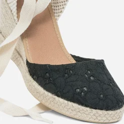 Eram Sandales^Espadrille compensée e en toile avec broderie anglaise NOIR
