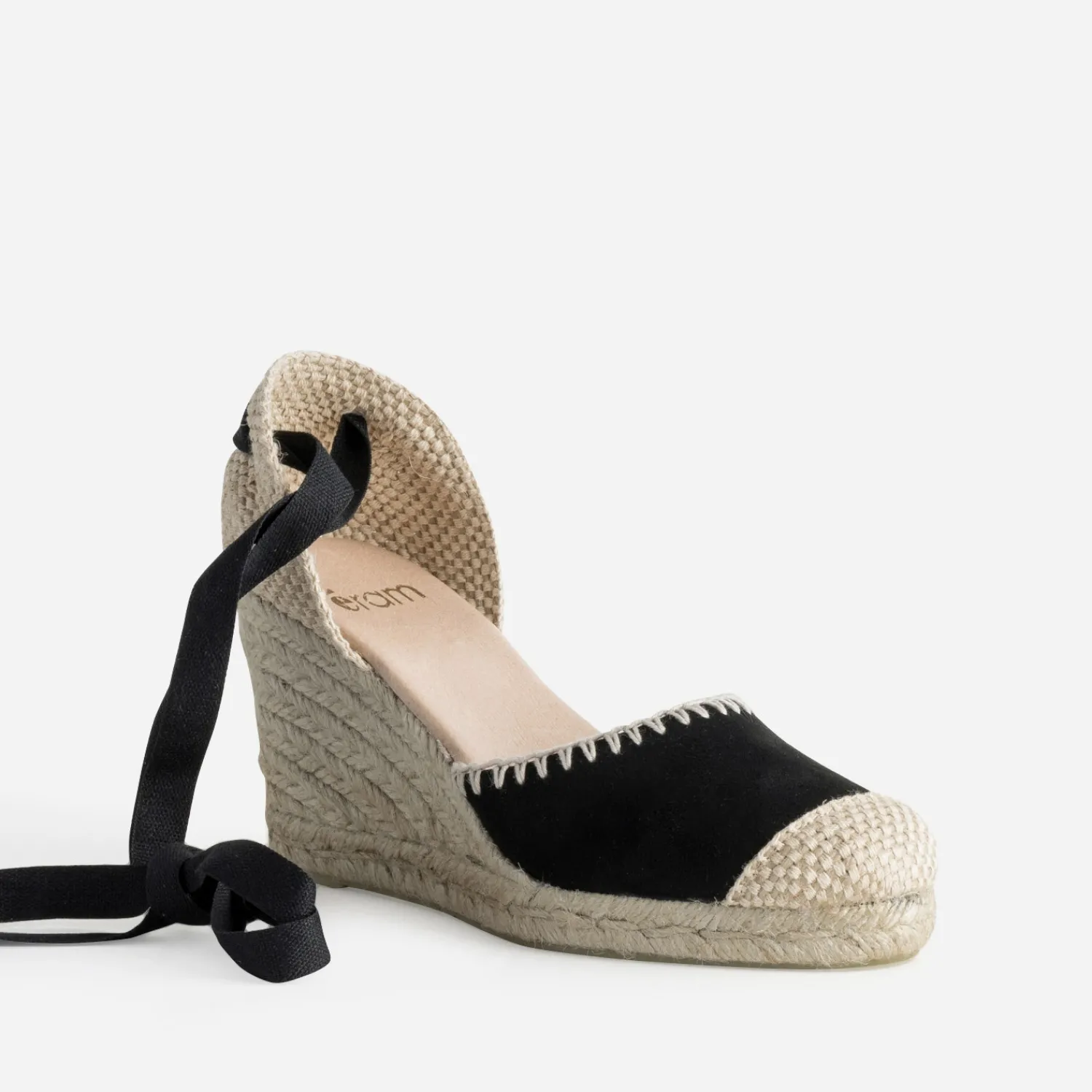Eram Sandales^Espadrille compensée e cuir velours brodé NOIR