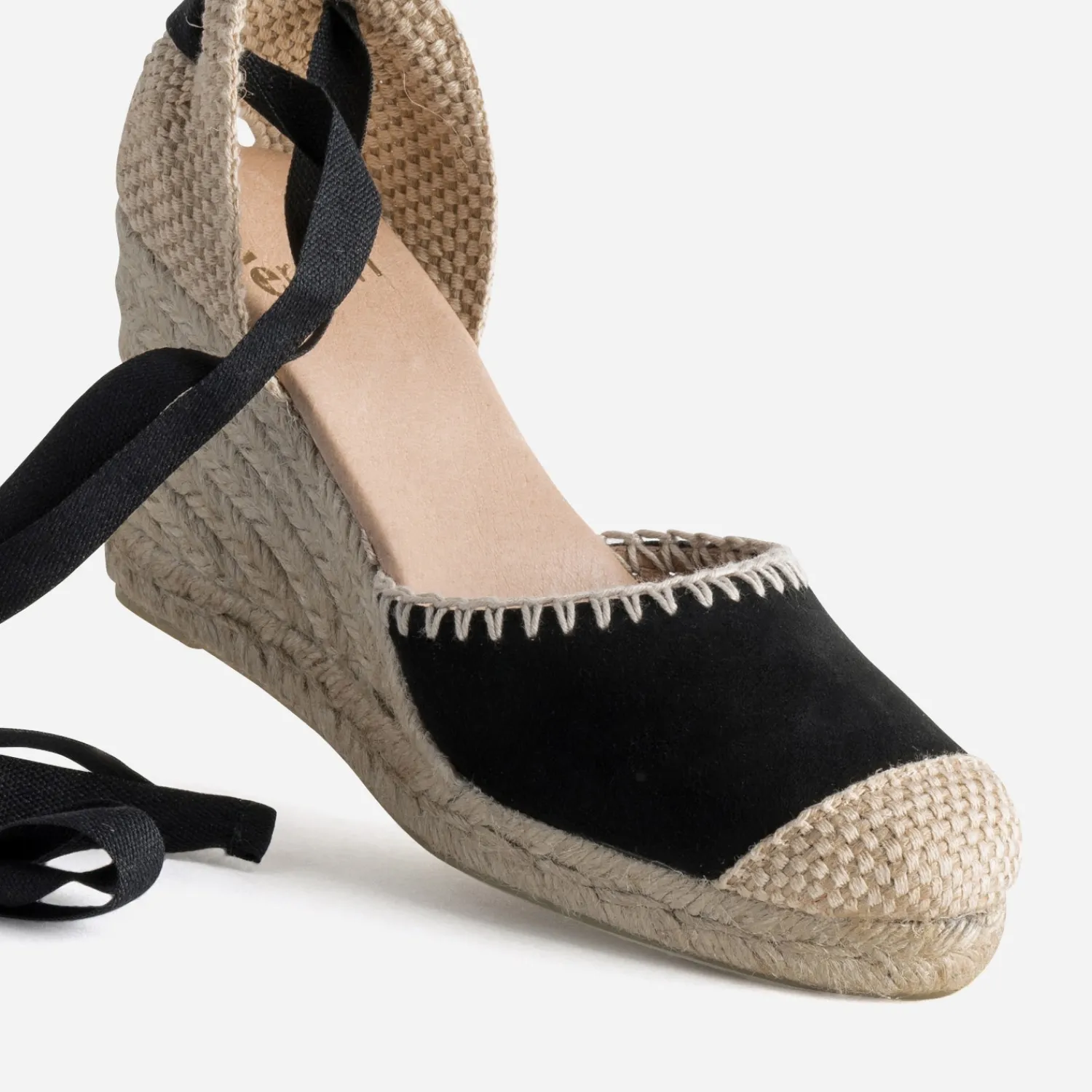 Eram Sandales^Espadrille compensée e cuir velours brodé NOIR