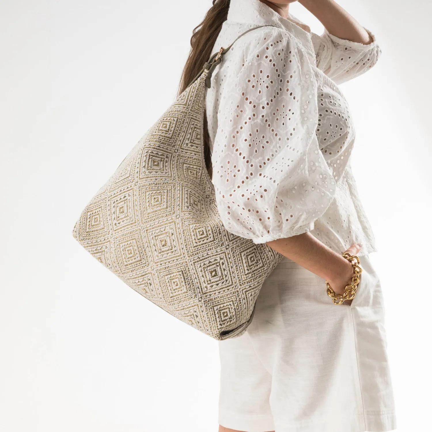 Eram Sacs Cabas^Grand sac brodé KAKI