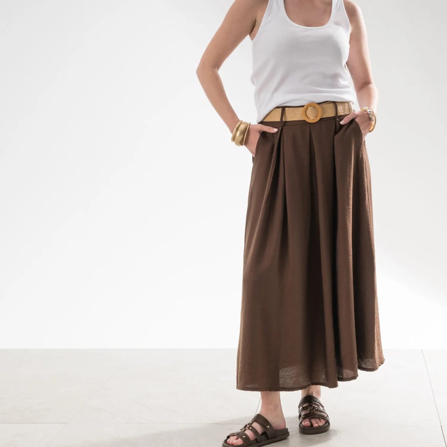 Texto Jupes^Jupe midi avec ceinture MARRON