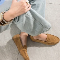 Eram Mocassins/Slippers^Mocassin cuir velours à franges CAMEL