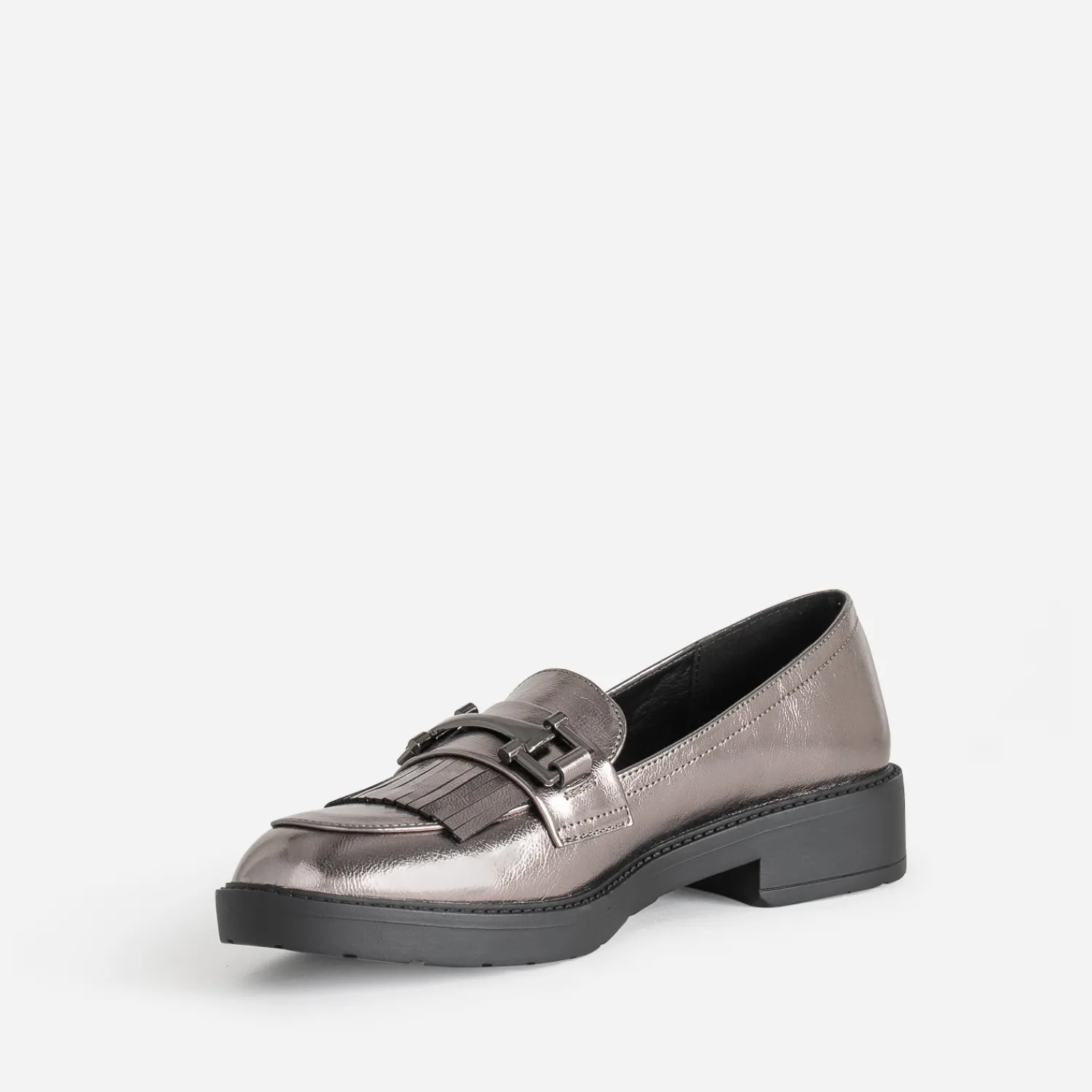 Eram Mocassins/Slippers^Mocassin gris foncé métallisé à franges METALISE