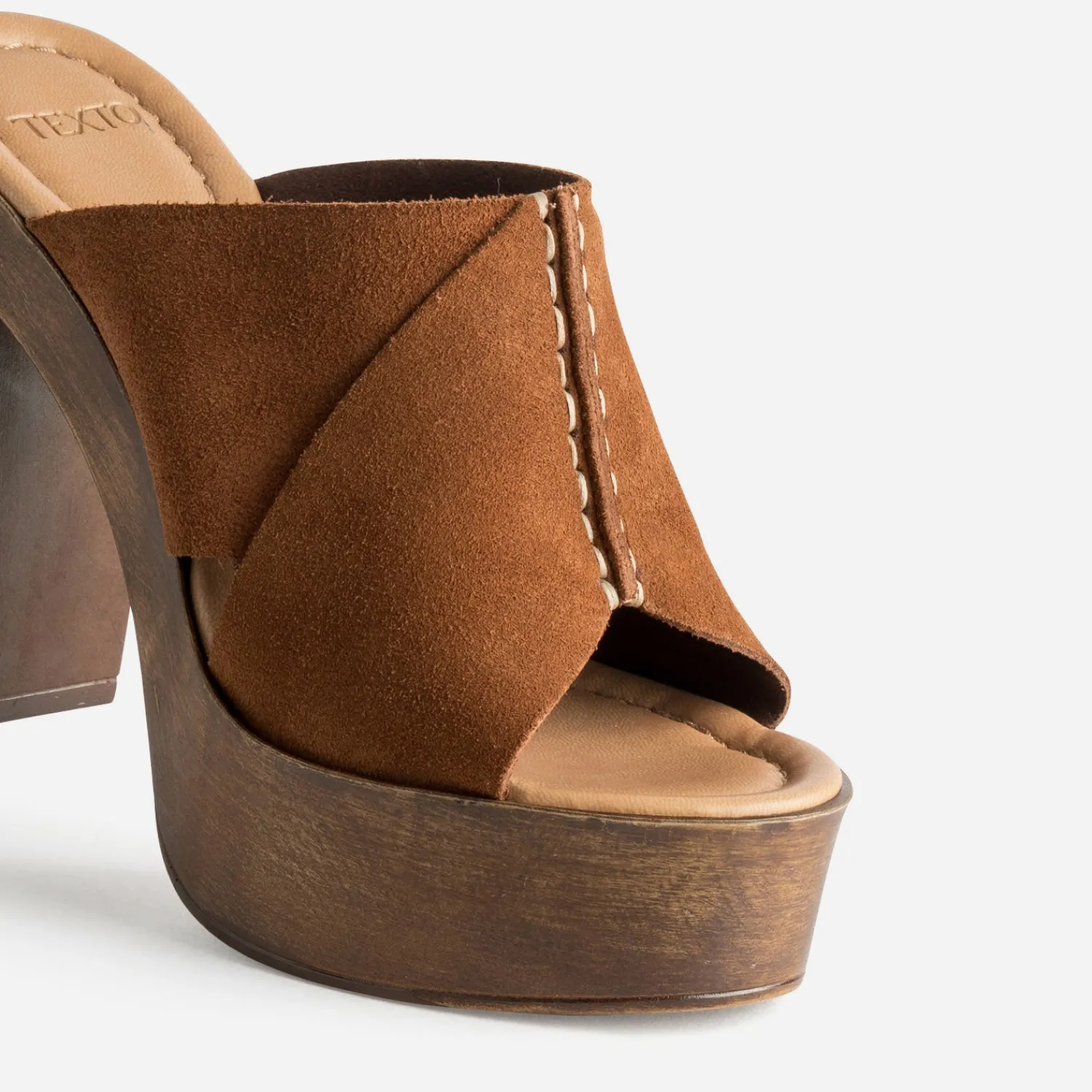 Texto Mules/Tongs|Sandales^Mule à plateforme cuir velours COGNAC