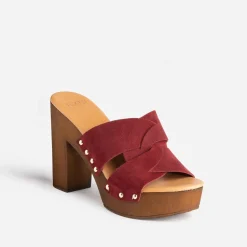 Texto Mules/Tongs|Sandales^Mule à talon bordeaux en cuir velours VIOLET