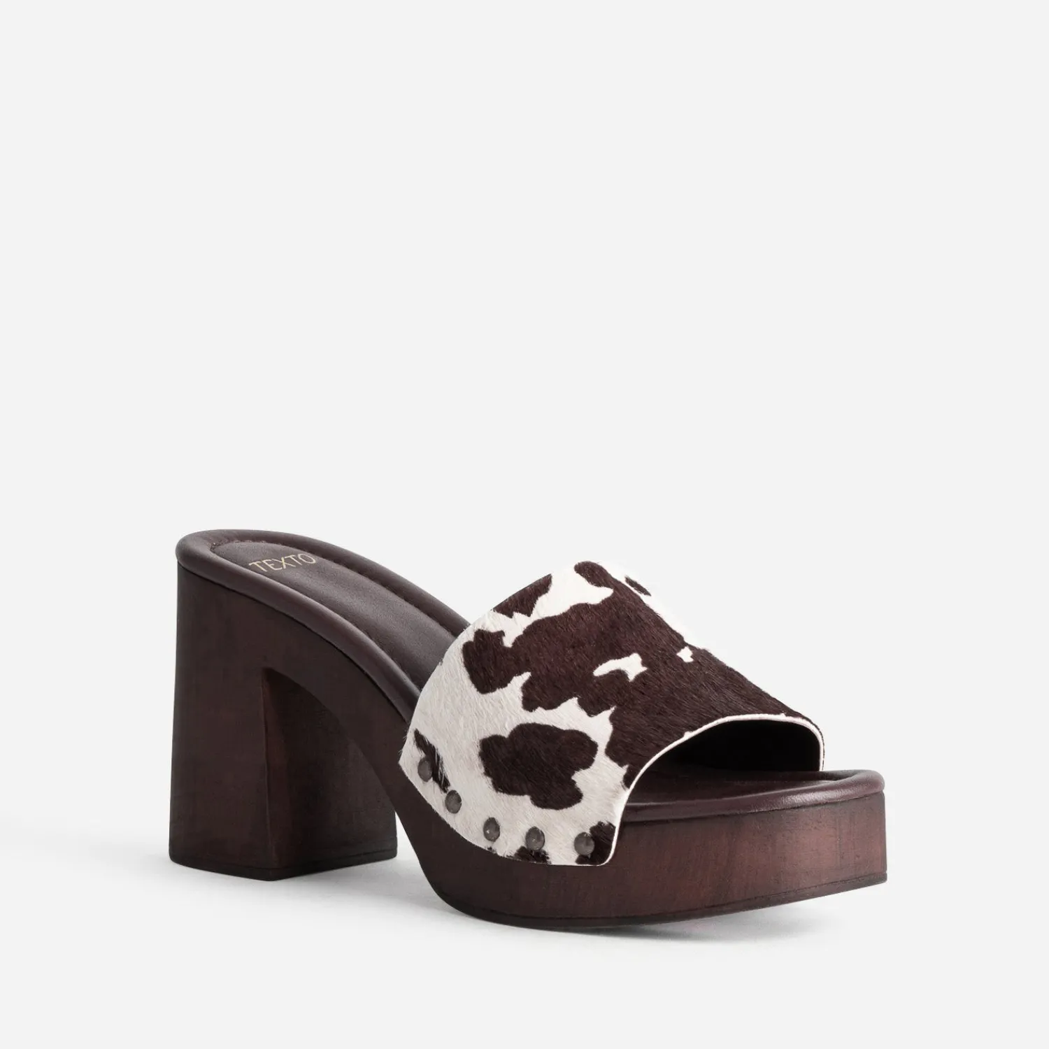 Texto Mules/Tongs|Sandales^Mule à talon motif vache MARRON