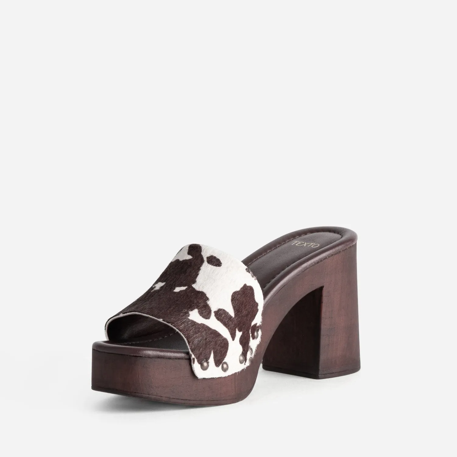 Texto Mules/Tongs|Sandales^Mule à talon motif vache MARRON