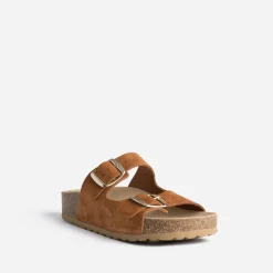 Eram Mules/Tongs|Sandales^Mule anatomique cuir velours à plateforme CAMEL