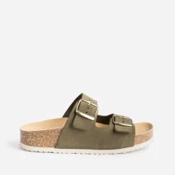 Eram Mules/Tongs|Sandales^Mule anatomique en cuir velours KAKI