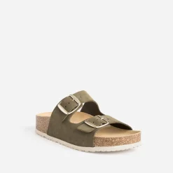 Eram Mules/Tongs|Sandales^Mule anatomique en cuir velours KAKI