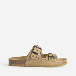 Texto Mules/Tongs|Sandales^Mule anatomique cuir velours clouté BEIGE