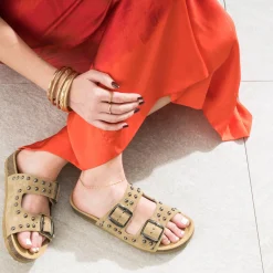 Texto Mules/Tongs|Sandales^Mule anatomique cuir velours clouté BEIGE