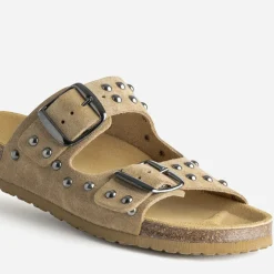 Texto Mules/Tongs|Sandales^Mule anatomique cuir velours clouté BEIGE