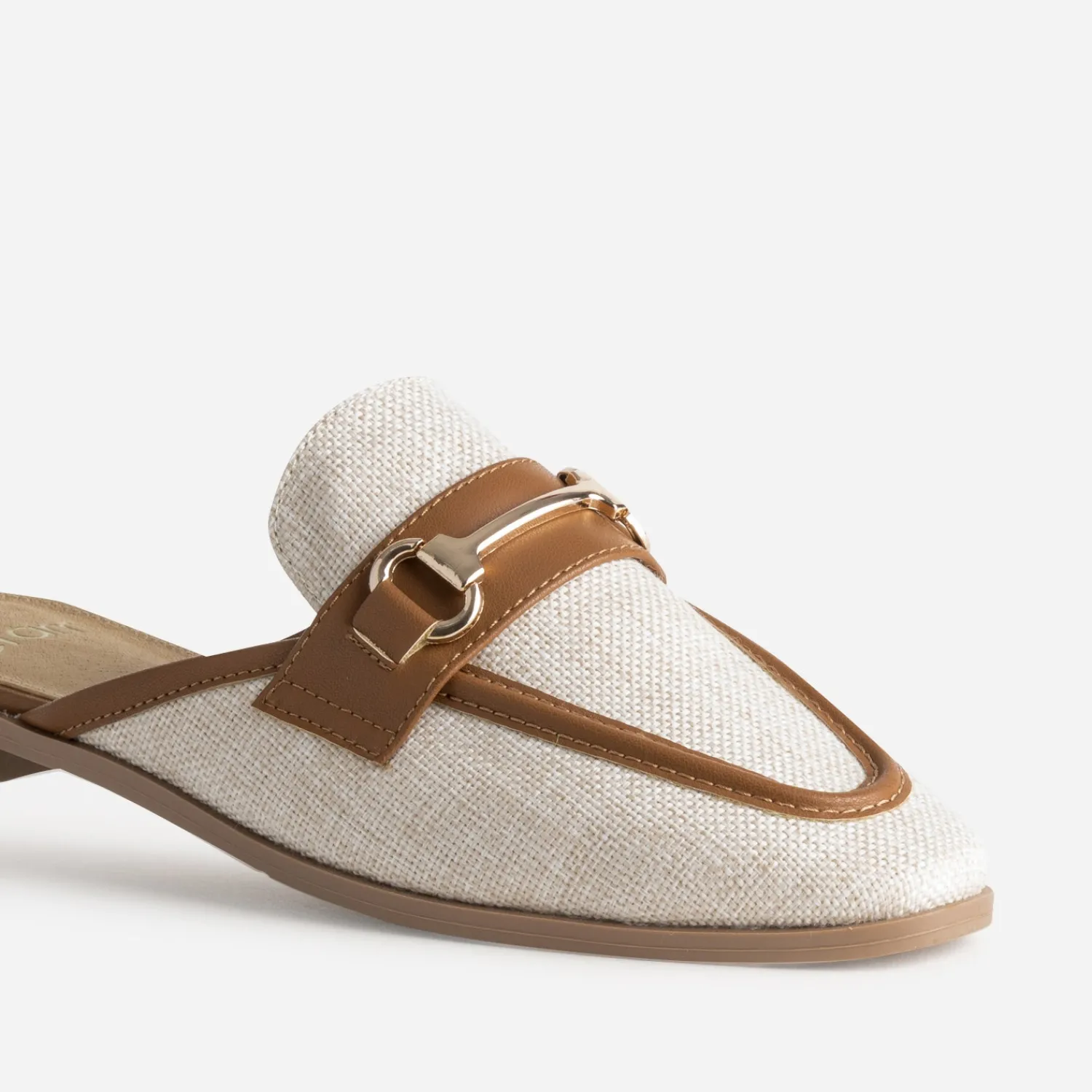 Eram Mules/Tongs|Sandales^Mule bi-matière lin bordé cognac BEIGE