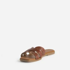 Eram Mules/Tongs|Sandales^Mule cognac cuir brides détails couture ROUGE
