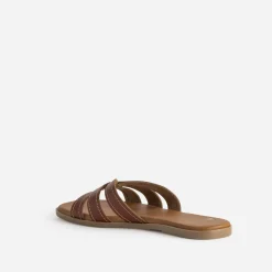 Eram Mules/Tongs|Sandales^Mule cognac cuir brides détails couture ROUGE