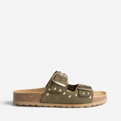 Eram Mules/Tongs|Sandales^Mule TEXTO anatomique en cuir velours éco-conçu à clous KAKI