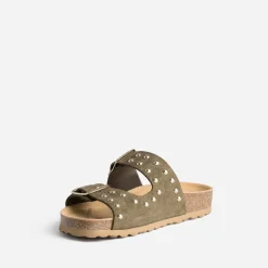 Eram Mules/Tongs|Sandales^Mule TEXTO anatomique en cuir velours éco-conçu à clous KAKI