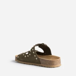 Eram Mules/Tongs|Sandales^Mule TEXTO anatomique en cuir velours éco-conçu à clous KAKI