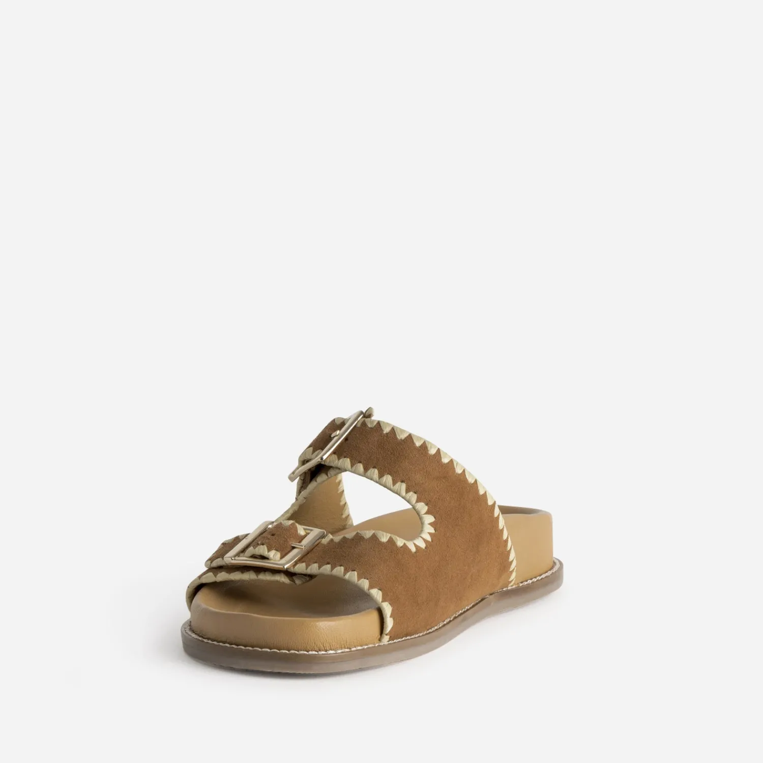 Texto Mules/Tongs|Sandales^Mule cuir velours brodé CAMEL