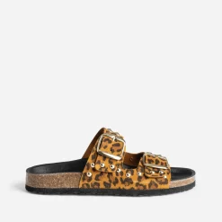 Texto Mules/Tongs^Mule camel cuir velours motif léopard éco-conçu IMPRIME