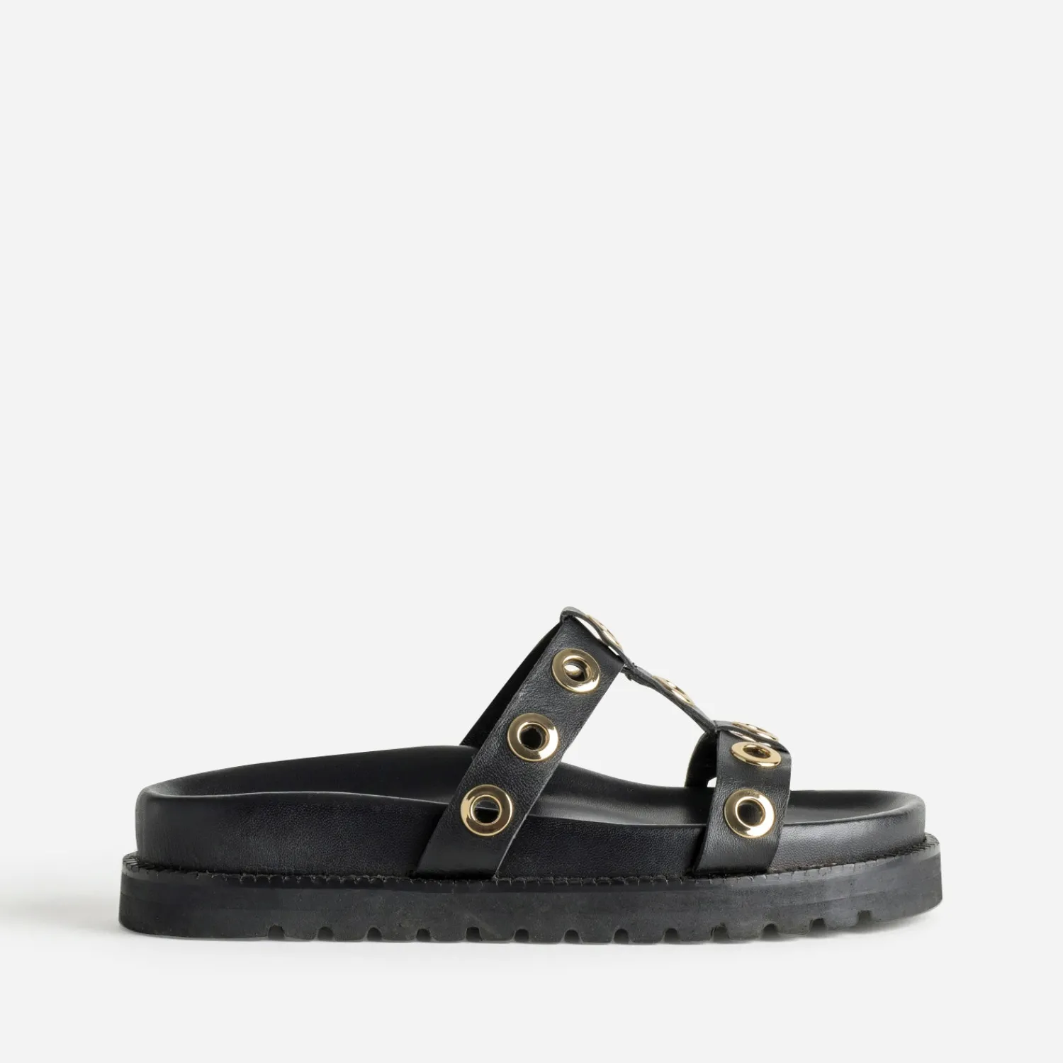 Texto Mules/Tongs|Sandales^Mule e cuir décor oeillets NOIR