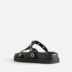 Texto Mules/Tongs|Sandales^Mule e cuir décor oeillets NOIR