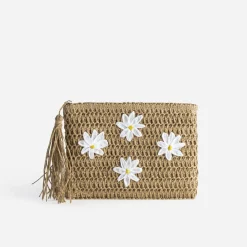 Eram Petite Maroquinerie^Pochette paille papier détails fleurs BEIGE