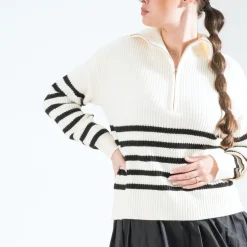 Texto Pulls^Pull marinière écru tricot à col camionneur BLANC