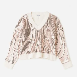 Texto Pulls^Pull écru brodé sequins rose cuivré ECRU