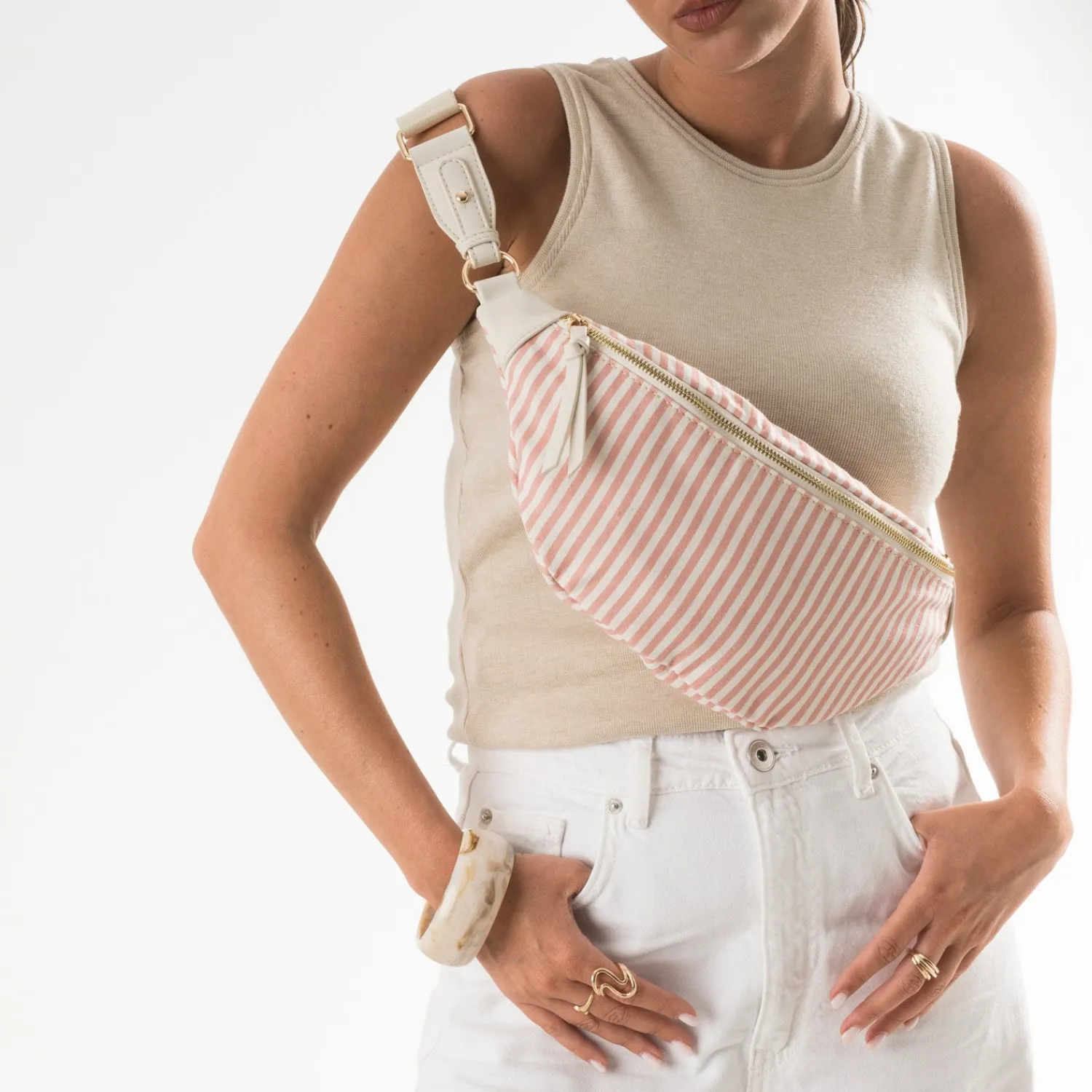 Eram Sacs Bananes & Bandoulières|Sacs À Main^Sac-banane corail toile motif rayures ROSE