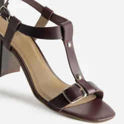 Eram Sandales^Sandale à talon cuir bride en T BORDEAUX