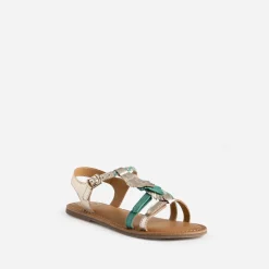 Buggy Sandales^Sandale cuir turquoise et dorée plumes BLEU
